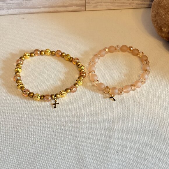 Gold & Blush Beaded Bracelet Set with Cross Charms – Handmade Bracelets - Picture 1 of 2
